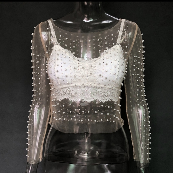 NWT pearl embellished beaded mesh top s: small - large - Picture 6 of 11
